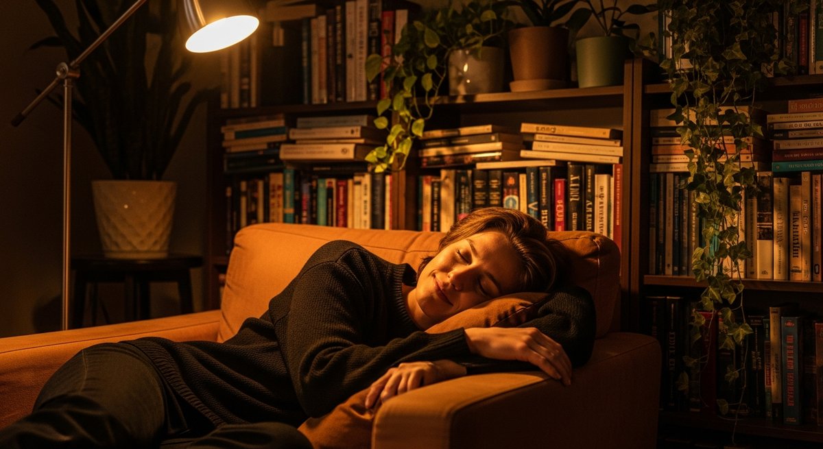 Jealousy strain vs Runtz White strain — Which Is Right for You? 6 Relaxed adult in a warmly lit living room armchair conveying calm euphoric effects and physical relaxation