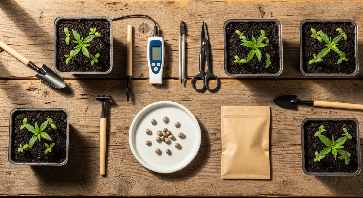 Wedding Cake strain vs Birthday Cake strain — Which Is Right for You? 6 Overhead flat-lay of cannabis seeds, seedling trays, and gardening tools on a rustic wooden workbench