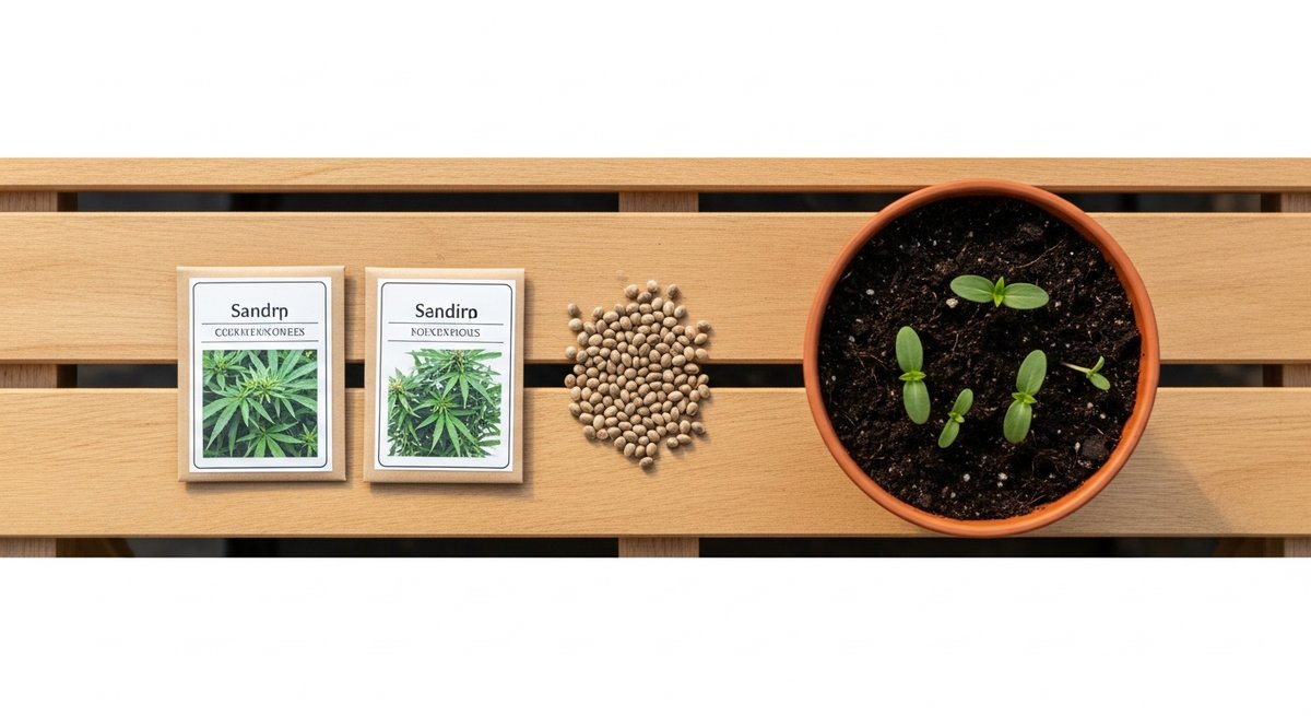 Amnesia Haze strain vs Blue Dream strain — Which Is Right for You? 6 Overhead flat-lay of cannabis seed packets, loose seeds, and young seedlings in soil on a wooden potting bench