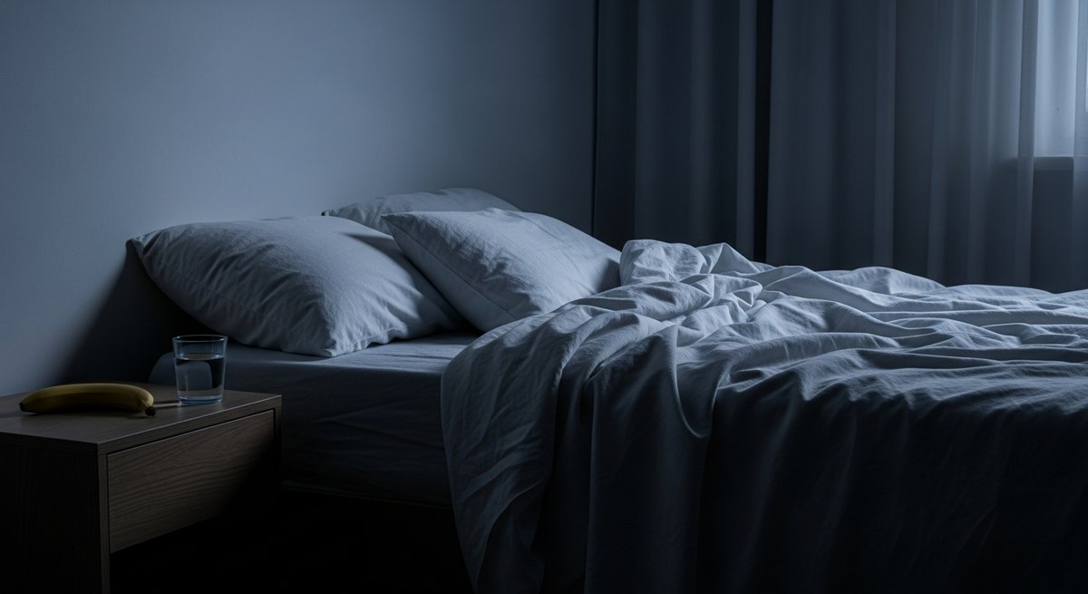 Banana OG strain vs Banana Kush strain — Which Is Right for You? 6 Tranquil bedroom at night with moonlit linen sheets and a banana on the nightstand evoking cannabis sleep use