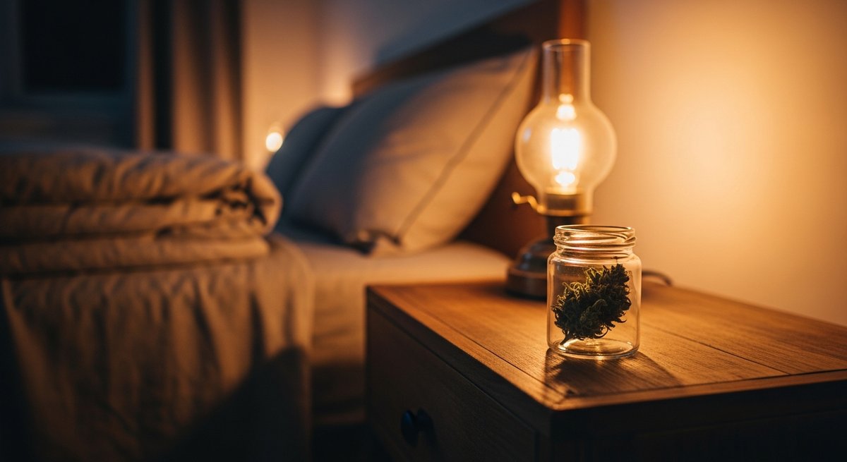 Skywalker OG strain vs OG Kush strain — Which Is Right for You? 6 Cozy nightstand with a glass cannabis jar and amber lamp in a dimly lit bedroom, evoking a calm sleep-aid evening ritual