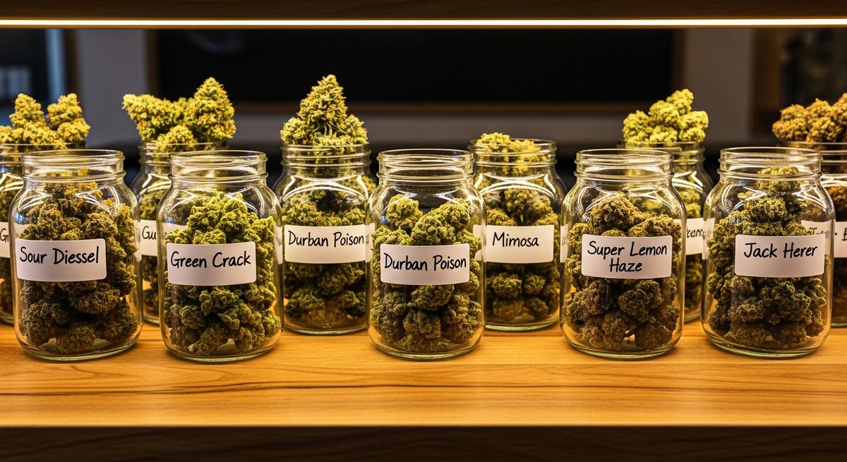 Best Wake-and-Bake Vapes: Strains That Won't Knock You Out 9 Multiple labeled cannabis flower jars on a wooden dispensary counter showcasing different morning strain options.