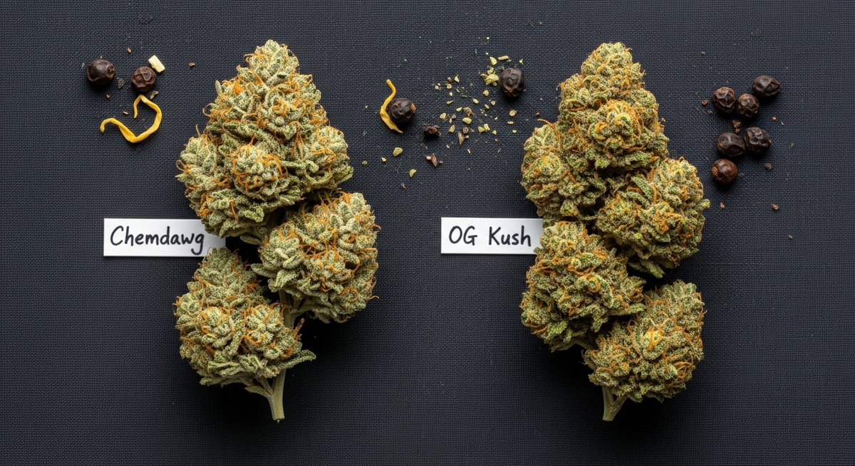 Chemdawg strain vs OG Kush strain — Which Is Right for You? 5 Overhead flat-lay of Chemdawg and OG Kush buds with terpene accent botanicals highlighting key differences