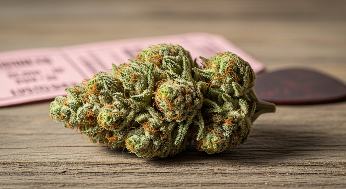 Chemdawg strain vs OG Kush strain — Which Is Right for You? 4 Close-up of a resinous Chemdawg cannabis bud on weathered wood with vintage concert memorabilia in background