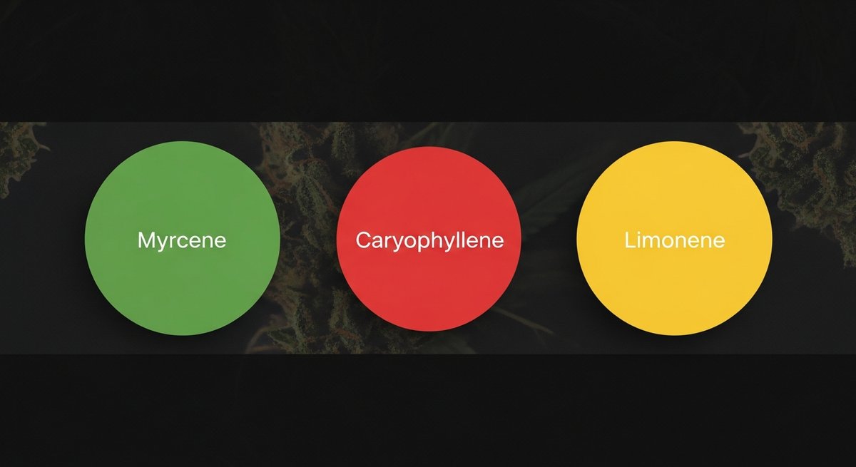 Cherry Fritter Strain 2 Cherry Fritter terpene profile showing Myrcene in green, Caryophyllene in red, and Limonene in yellow