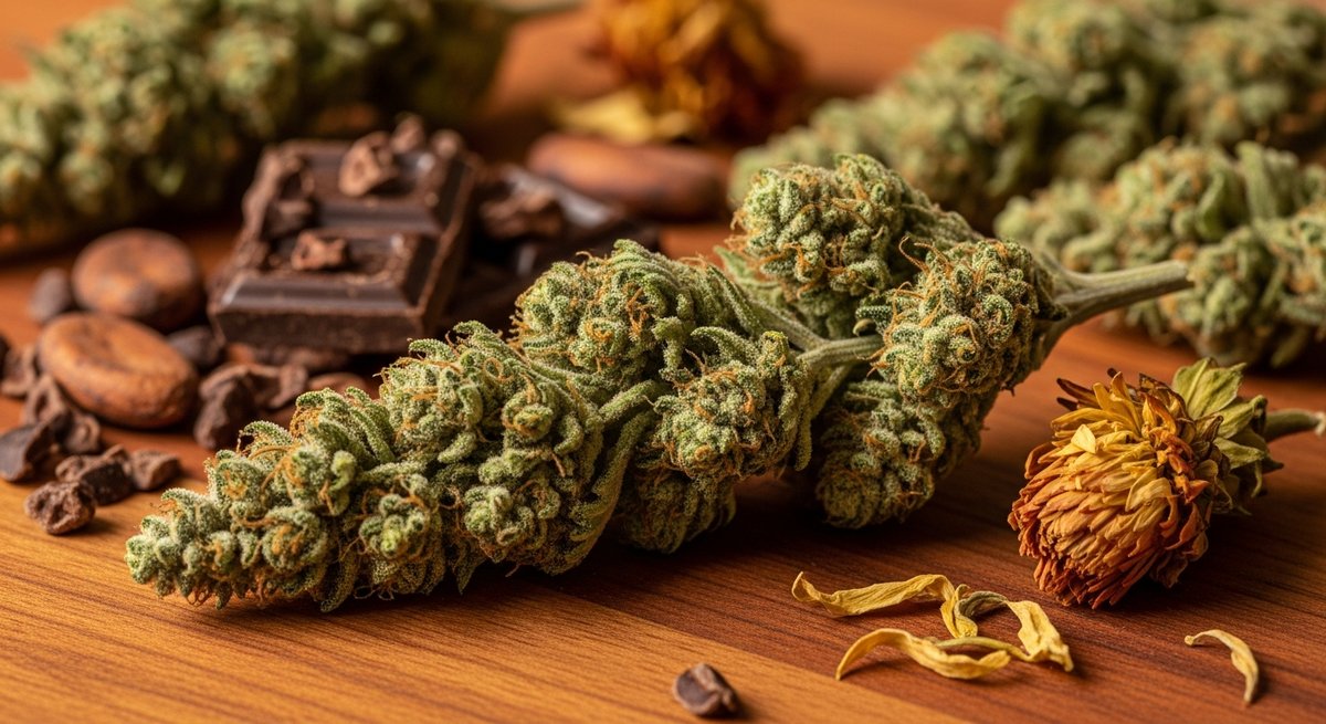 Chocolope strain vs Trainwreck strain — Which Is Right for You? 4 Chocolope cannabis buds on warm wood board surrounded by cacao nibs and dark chocolate pieces evoking its dessert-like aroma