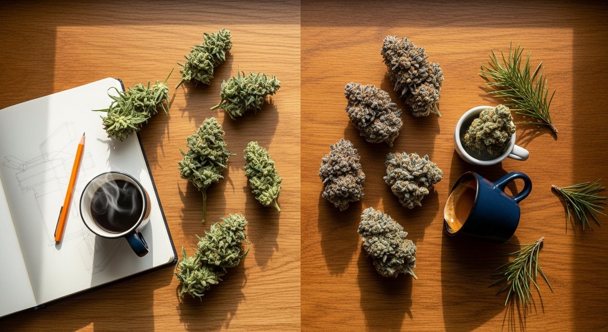 Chocolope strain vs Trainwreck strain — Which Is Right for You? 6 Dual overhead lifestyle flat lay contrasting Chocolope creative calm workspace and Trainwreck bold energising setup side by s
