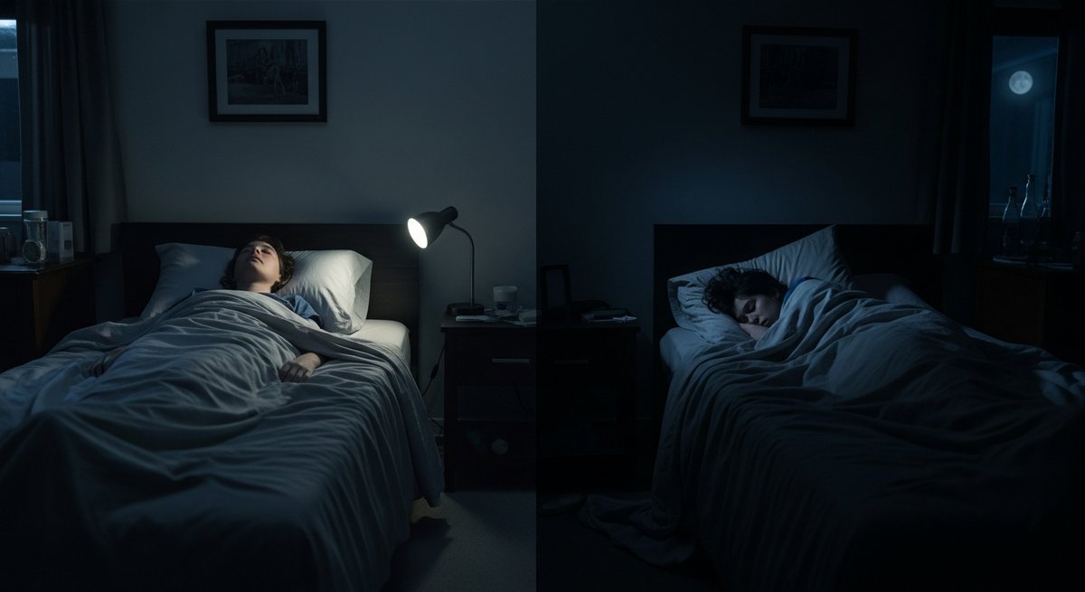 Purple Punch strain vs Ice Cream Cake strain — Which Is Right for You? 6 Split bedroom scene contrasting a person awake staring at the ceiling versus a person deeply asleep, illustrating different s