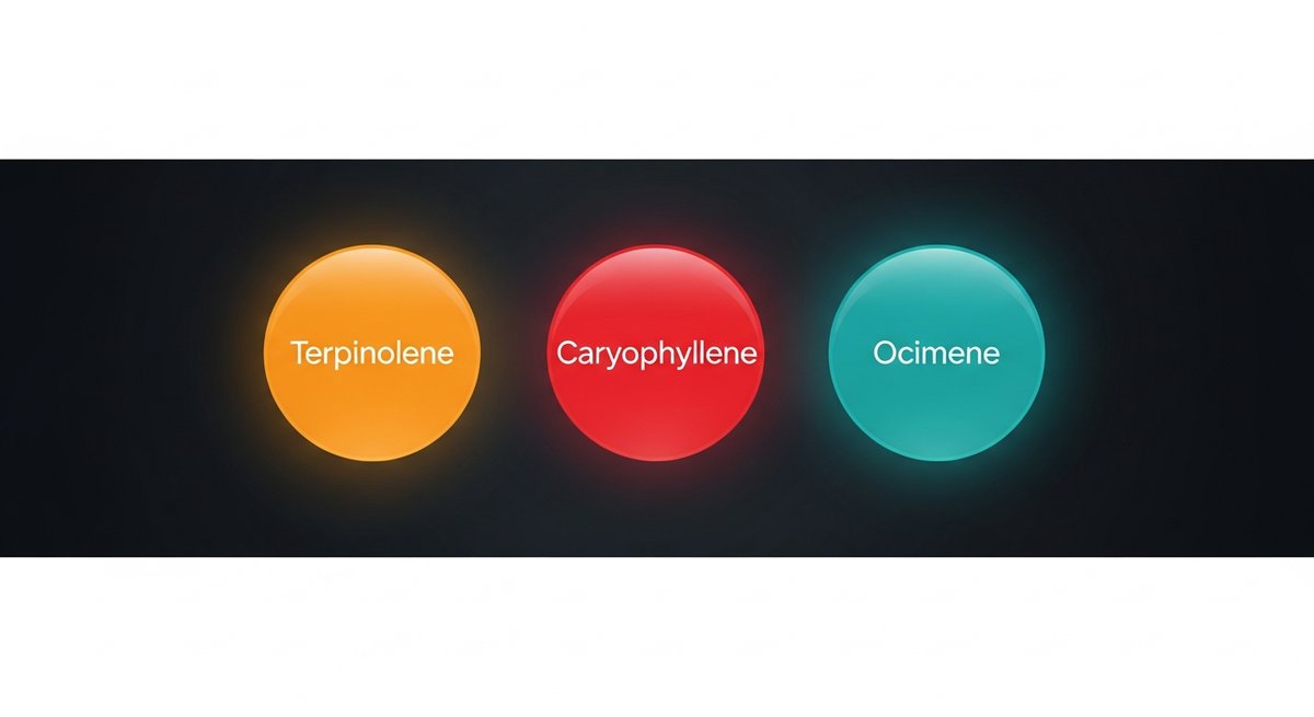 Clementine Strain 2 Terpene profile graphic for Clementine strain showing Terpinolene in orange, Caryophyllene in red, and Ocimene in teal