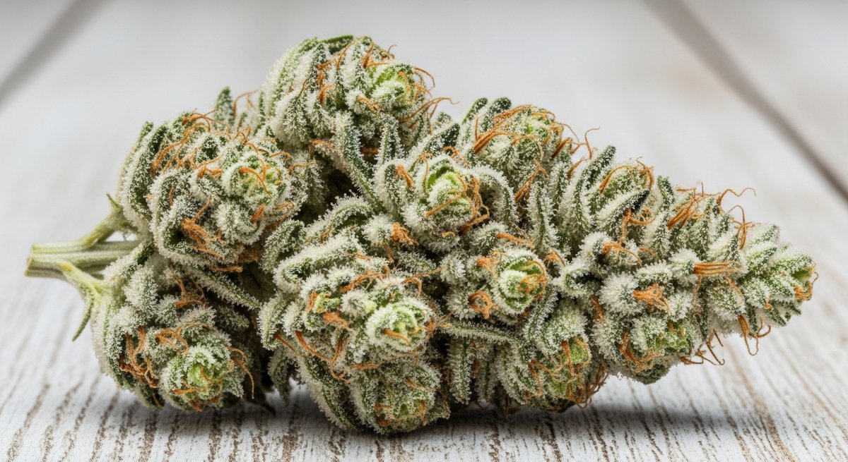 Cookies and Cream strain vs Wedding Cake strain — Which Is Right for You? 3 Close-up of a frosty Cookies and Cream cannabis bud with pale green hues and creamy trichomes on wood
