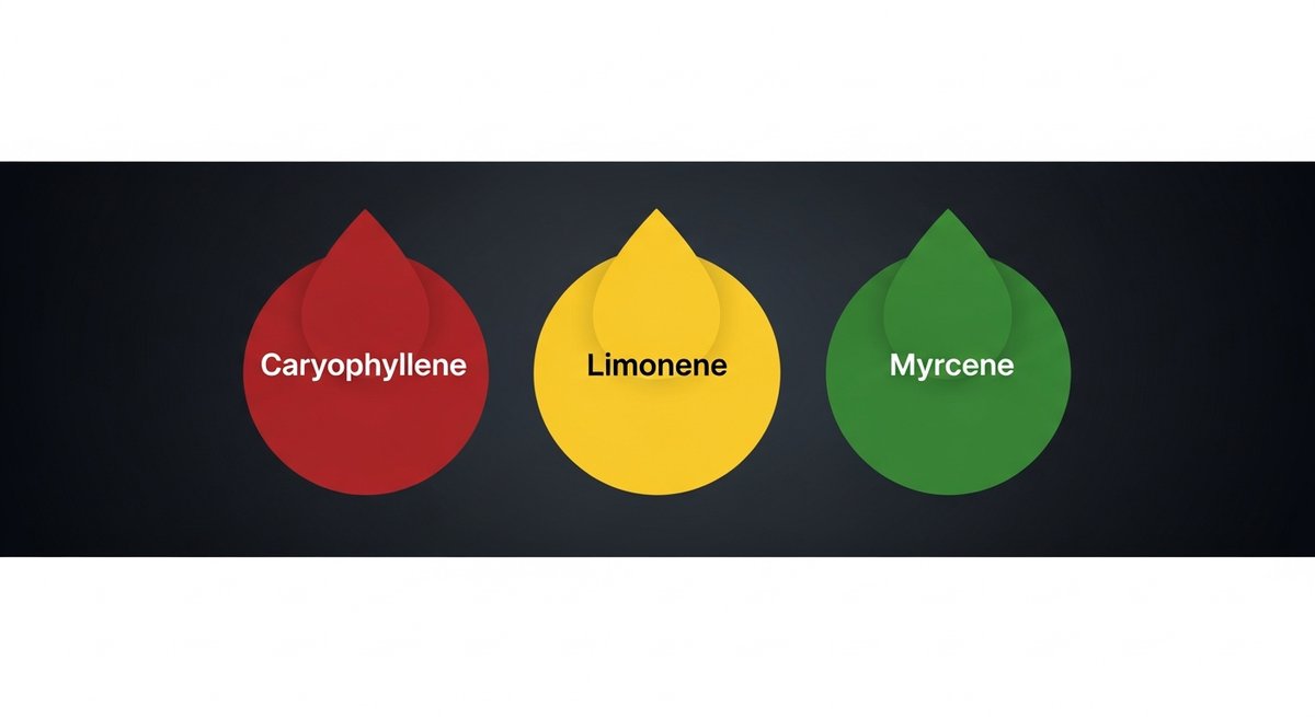 Cookies and Cream Strain 2 Terpene profile graphic for Cookies and Cream strain showing Caryophyllene in red, Limonene in yellow, and Myrcene in green