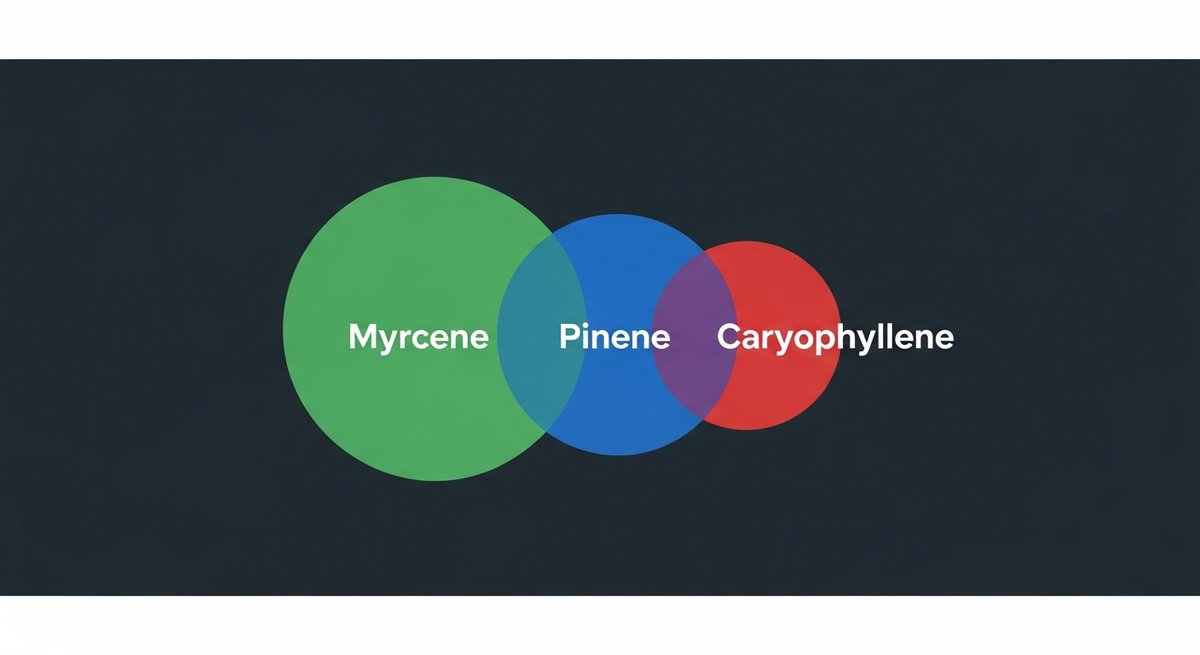 Crater Lake Strain 2 Terpene profile graphic for Crater Lake strain showing Myrcene in green, Pinene in blue, and Caryophyllene in red