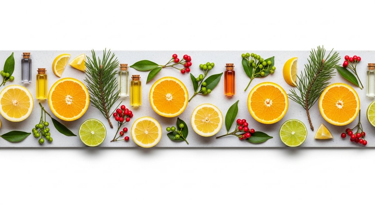 Best Carts for Energy: Top Daytime Strains in Cartridge Form 8 Overhead flat-lay of citrus slices, pine sprigs, and essential oil vials representing daytime cannabis terpenes