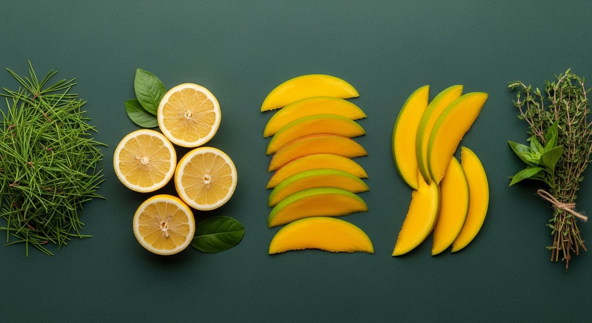 Limonene-Heavy Carts: Why This Terpene Powers Your Day 11 Flat-lay of lemons, pine needles, and mango comparing daytime terpenes limonene, pinene, and terpinolene sources