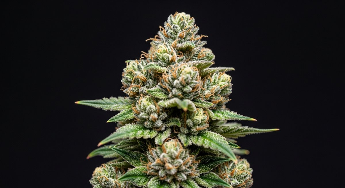 Death Star strain vs OG Kush strain — Which Is Right for You? 4 Dense Death Star cannabis bud with purple hues and thick amber trichomes on dark wood surface under studio lighting