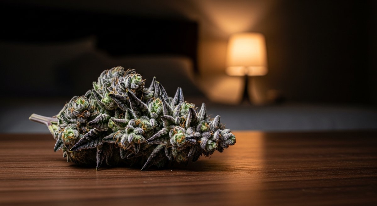 Do-Si-Dos strain vs Wedding Cake strain — Which Is Right for You? 6 Macro close-up of a frosty Do-Si-Dos cannabis bud on dark wood with warm bedside lamp light in a nighttime bedroom