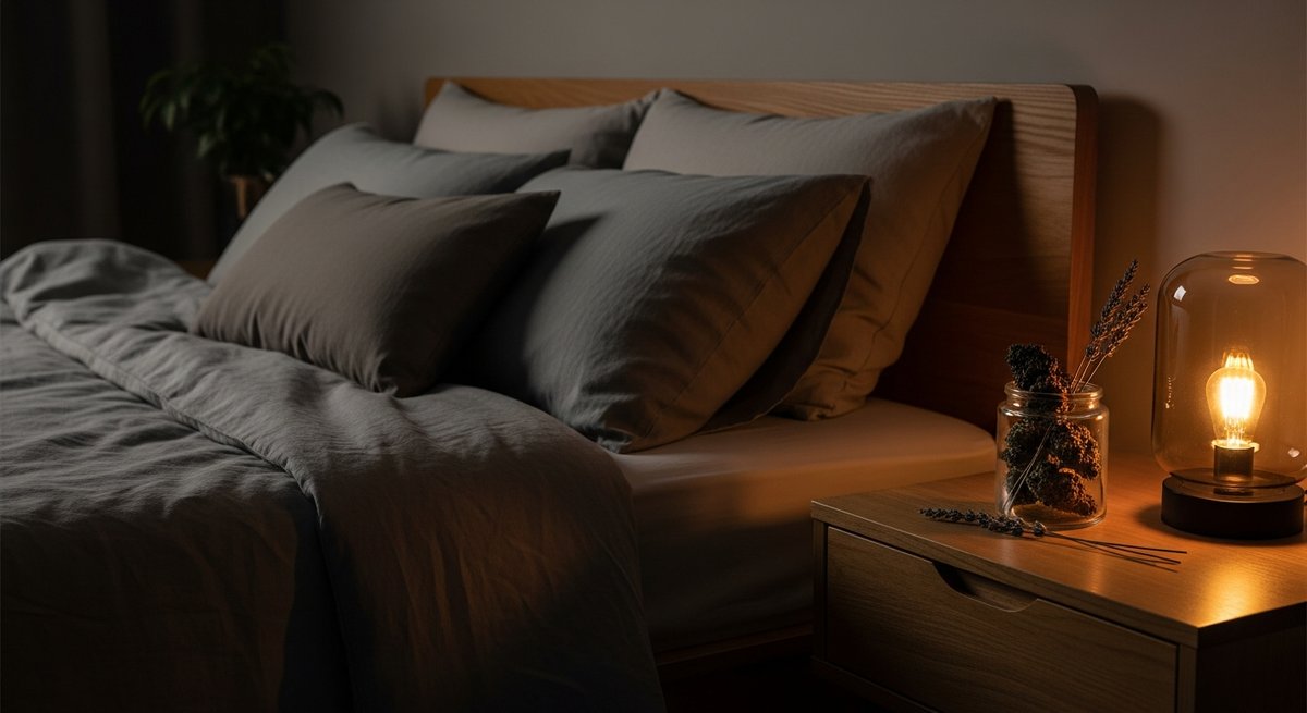 Animal Cookies strain vs Do-Si-Dos strain — Which Is Right for You? 6 Cozy dimly lit bedroom with nightstand holding cannabis jar and lavender, evoking sleep and relaxation