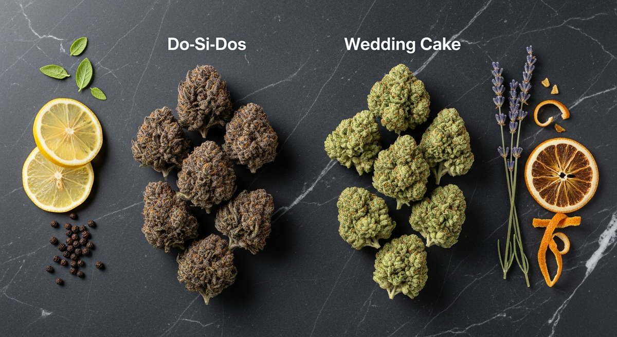Do-Si-Dos strain vs Wedding Cake strain — Which Is Right for You? 4 Overhead flat-lay of Do-Si-Dos and Wedding Cake buds with terpene botanicals arranged side by side on dark marble