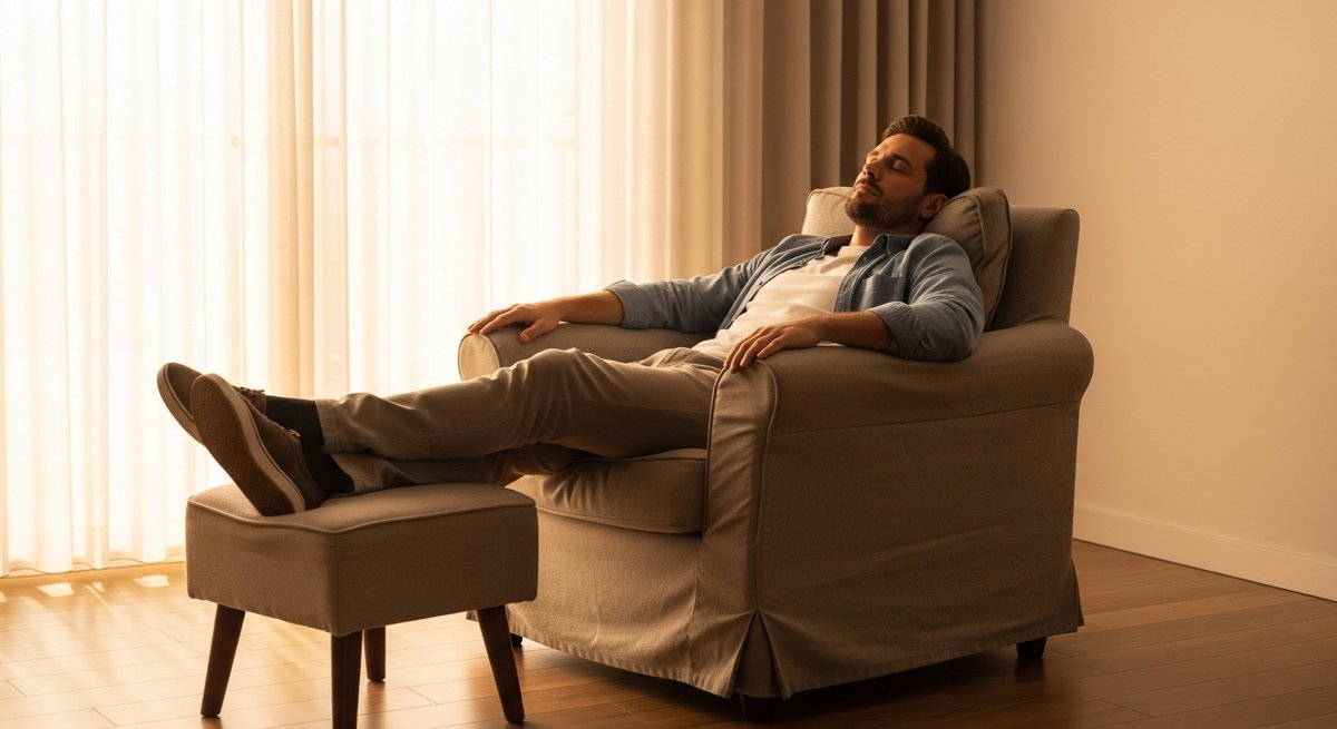 Dosidos strain vs Girl Scout Cookies strain — Which Is Right for You? 6 Relaxed adult man reclining in a cozy armchair in warm golden light, conveying deep physical relaxation and calm euphoria