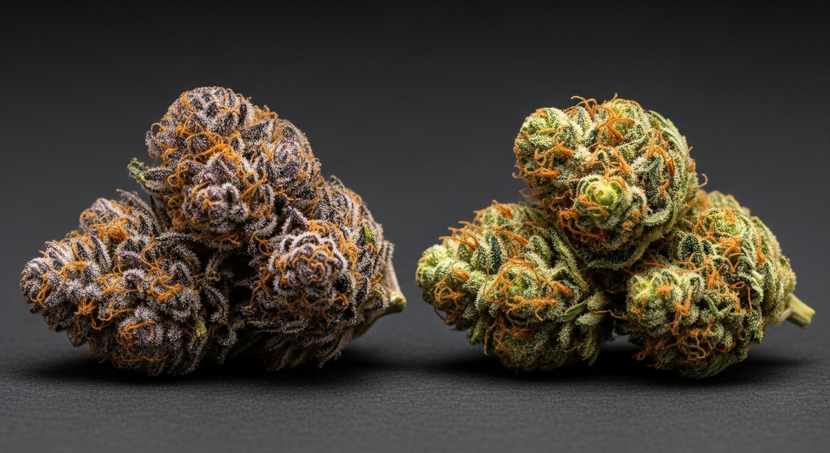 Dosidos strain vs Girl Scout Cookies strain — Which Is Right for You? 5 Editorial comparison of Dosidos and Girl Scout Cookies cannabis buds side by side on charcoal surface highlighting key visual
