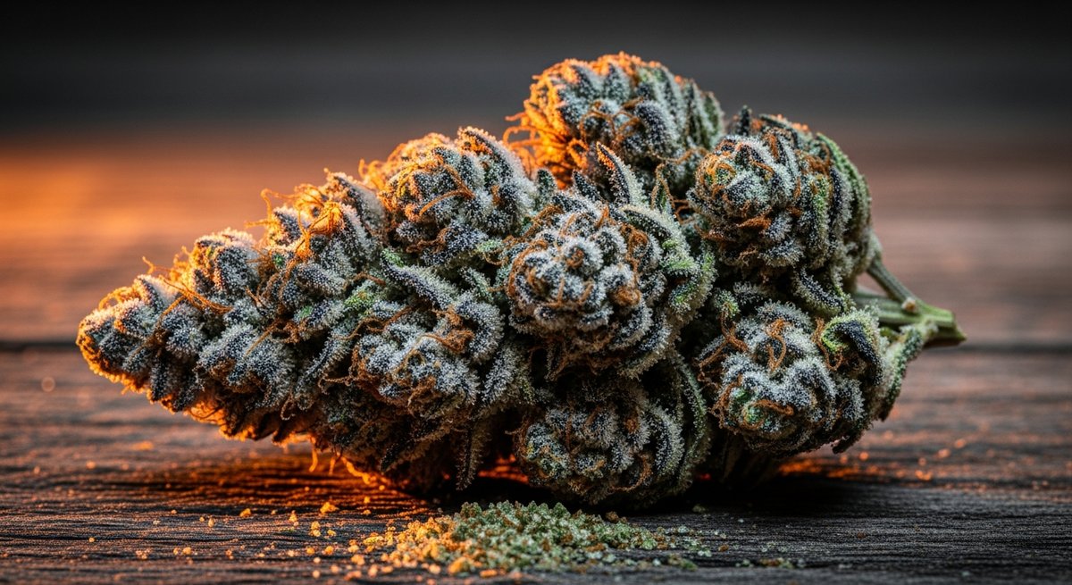 Dosidos strain vs Girl Scout Cookies strain — Which Is Right for You? 4 Close-up macro shot of a dense, trichome-covered Dosidos cannabis bud with purple and green hues on dark wood