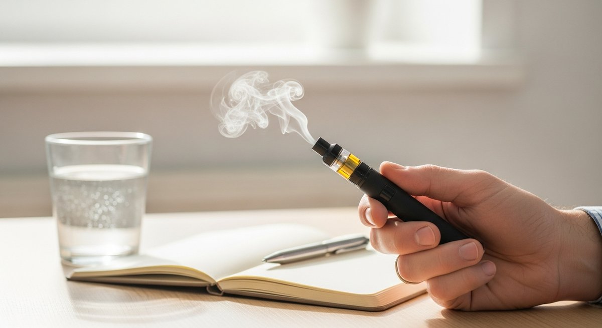 Best Wake-and-Bake Vapes: Strains That Won't Knock You Out 10 Adult holding a 510 vape cartridge with a small vapor cloud at a tidy morning desk with water and notebook.