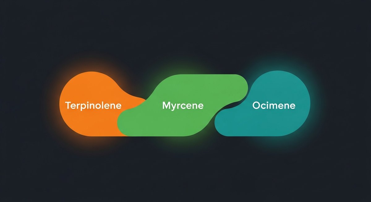 Durban Poison Strain 2 Terpene profile graphic for Durban Poison showing Terpinolene in orange, Myrcene in green, and Ocimene in teal