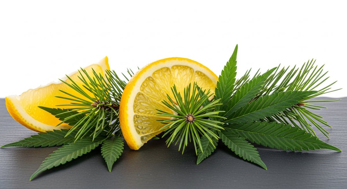 Best Vapes for Energy and a Morning Lift 7 Fresh citrus, pine sprigs, and cannabis leaves representing energizing terpene profiles