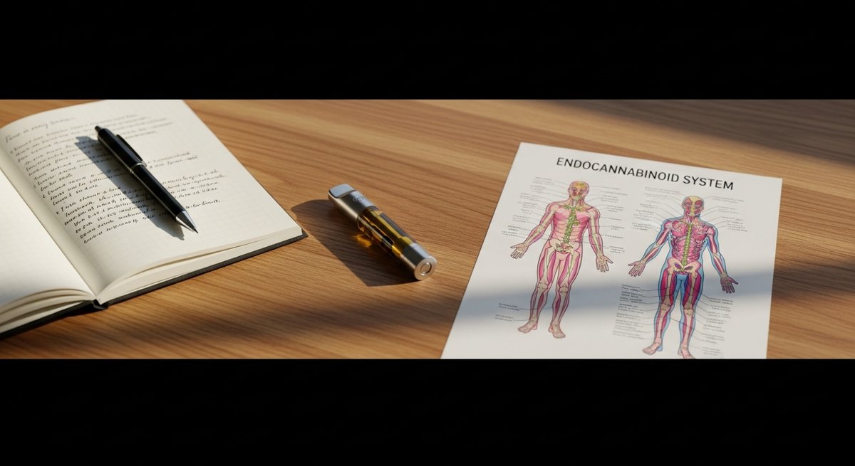 Best Carts for Energy: Top Daytime Strains in Cartridge Form 7 Cannabis vape cartridge beside endocannabinoid system diagram and notebook on a wooden table in natural light