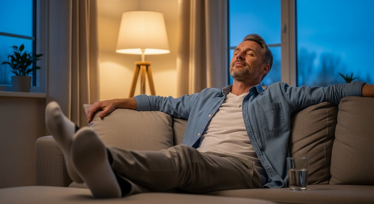 Animal Cookies strain vs Girl Scout Cookies strain — Which Is Right for You? 5 Adult relaxing on a couch in warm evening home lighting during the post-work decompression window