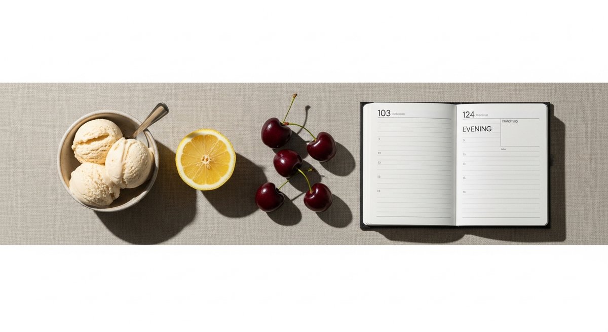 Lemon Cherry Gelato strain vs Gelato strain — Which Is Right for You? 6 Flat-lay of gelato, lemon, cherries, and a planner evoking flavour profile and timing considerations before choosing a cannab