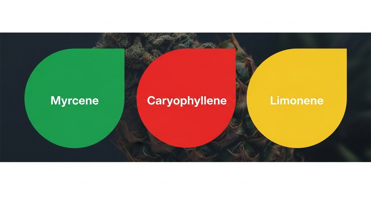 Forbidden Fruit Strain 2 Terpene profile graphic for Forbidden Fruit showing Myrcene in green, Caryophyllene in red, and Limonene in yellow