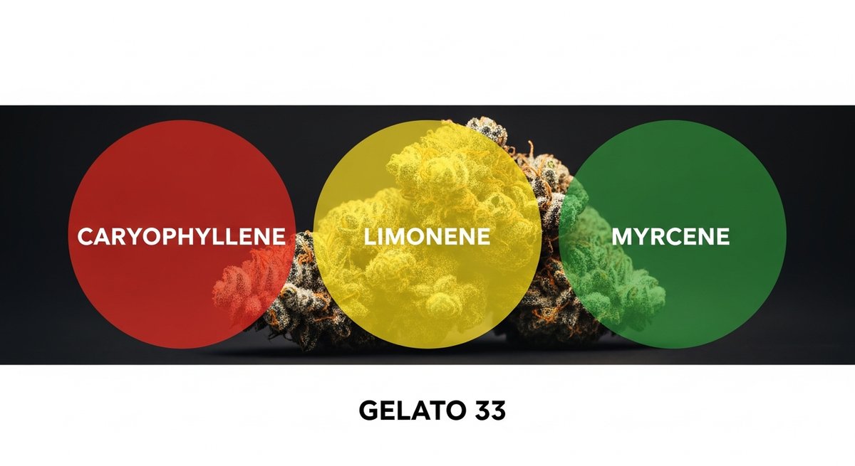 Gelato 33 Strain 2 Terpene profile graphic for Gelato 33 showing Caryophyllene in red, Limonene in yellow, and Myrcene in green