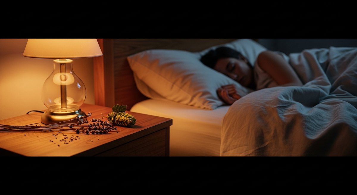 Runtz strain vs Gelato 41 strain — Which Is Right for You? 6 Dimly lit bedroom with person sleeping peacefully under linen, lavender on nightstand, evoking Gelato 41 sleep benefits