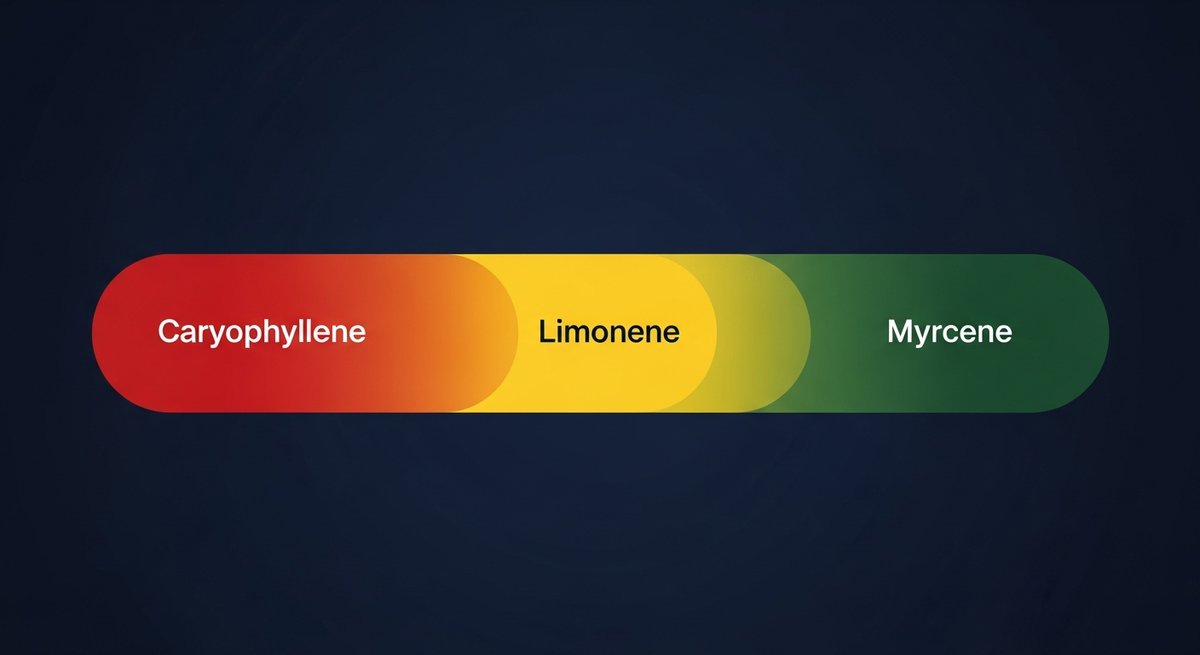Gelato 41 Strain 1 Terpene profile graphic for Gelato 41 showing Caryophyllene in red, Limonene in yellow, and Myrcene in green