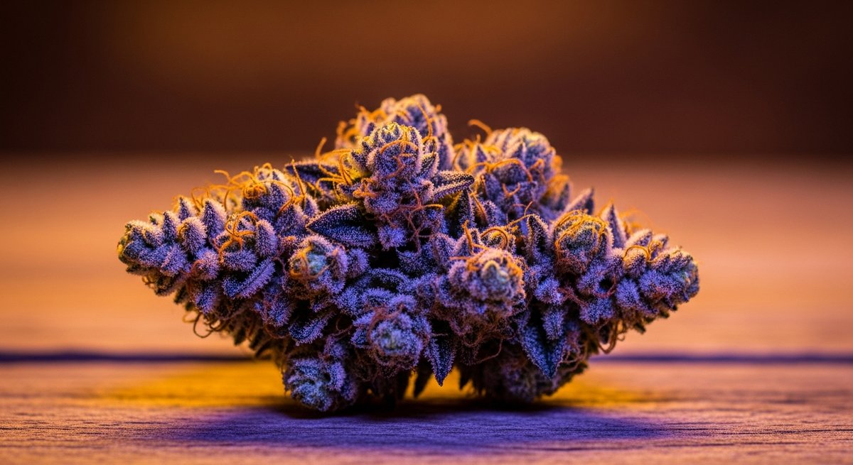 Gelato strain vs Ice Cream Cake strain — Which Is Right for You? 4 Close-up of a dense Gelato cannabis bud with purple-green coloring, orange pistils, and heavy trichome coverage on wood