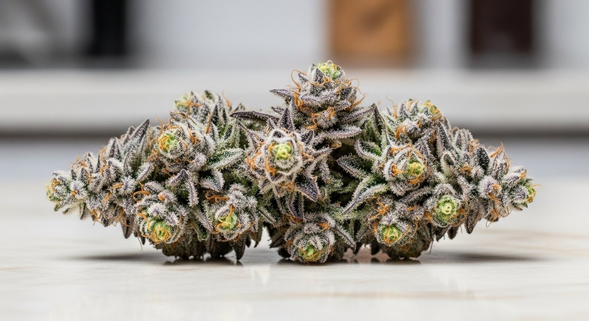 Girl Scout Cookies strain vs Gelato strain — Which Is Right for You? 5 Macro shot of a frosty Gelato cannabis bud with lavender and purple hues resting on pale marble