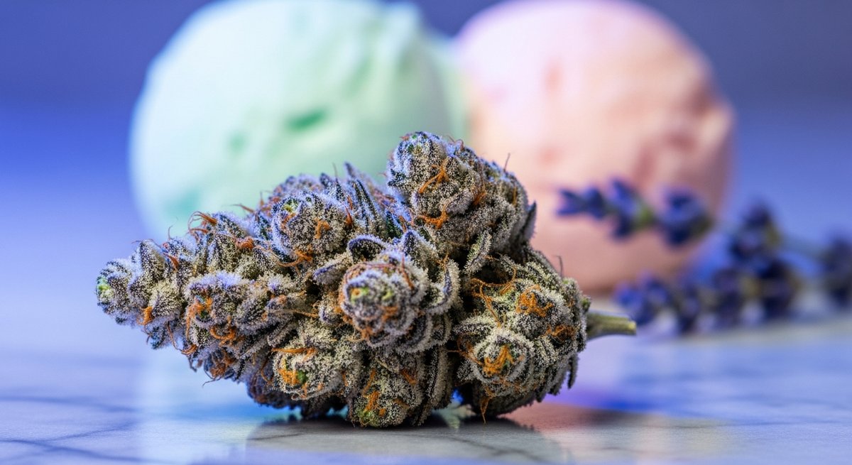 Sunset Sherbet strain vs Gelato strain — Which Is Right for You? 5 Macro close-up of a Gelato cannabis bud with purple hues and icy trichomes on cool marble surface