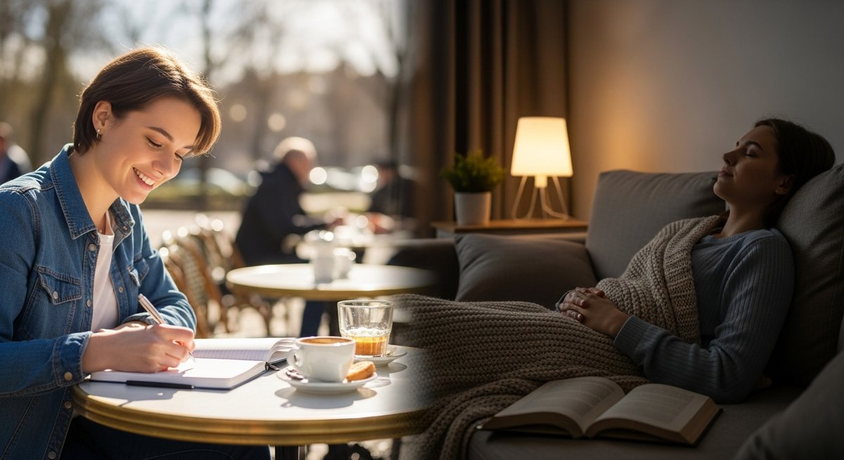 Gelato strain vs Ice Cream Cake strain — Which Is Right for You? 5 Split lifestyle scene: energized person writing at a sunny cafe on the left, relaxed person resting on a couch on the right