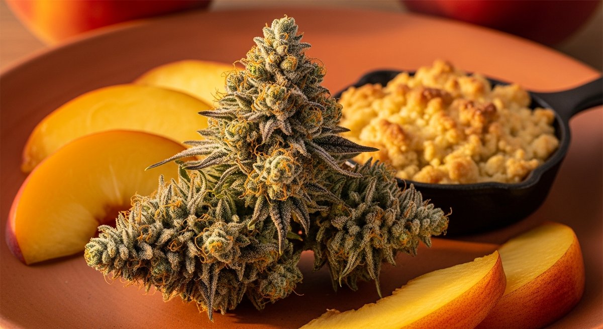 Apple Fritter strain vs Georgia Pie strain — Which Is Right for You? 5 Georgia Pie cannabis bud on terracotta plate with fresh peach slices and a small peach cobbler dish