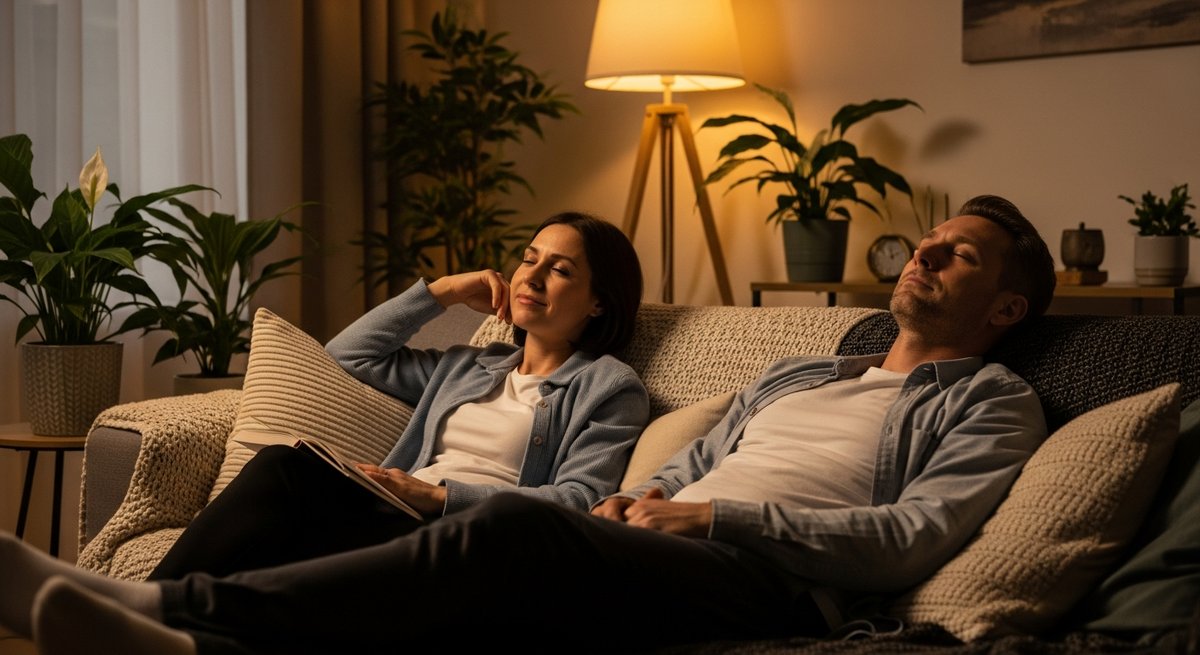 Ghost OG strain vs Fire OG strain — Which Is Right for You? 5 Two relaxed adults on a couch in warm lamplight illustrating a range from calm mental ease to deep body relaxation