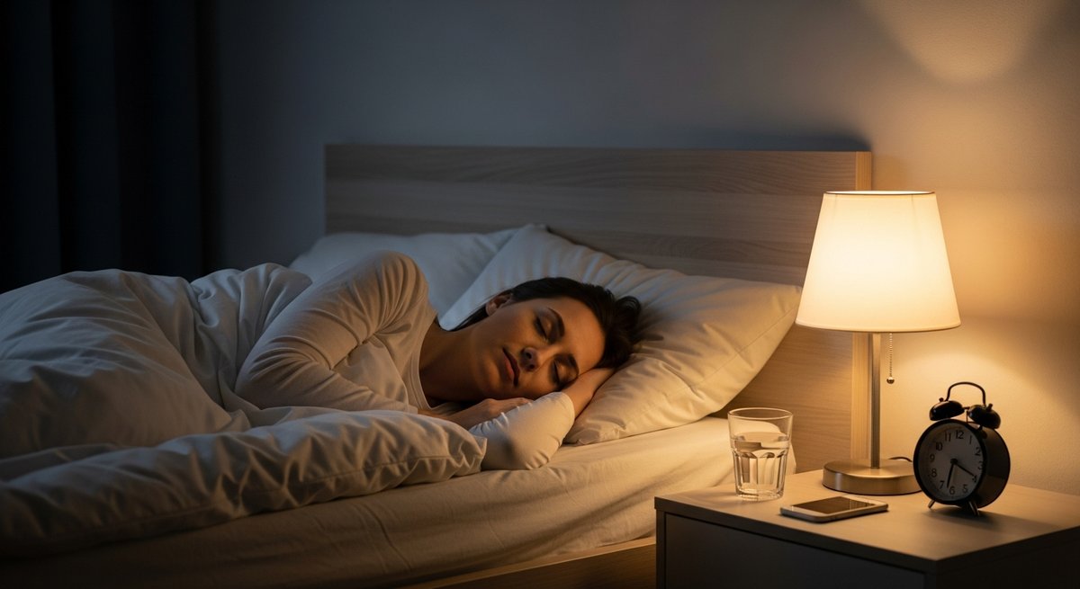 Ghost OG strain vs Fire OG strain — Which Is Right for You? 6 Person sleeping peacefully in white bedding under warm bedside light representing cannabis use for sleep relief