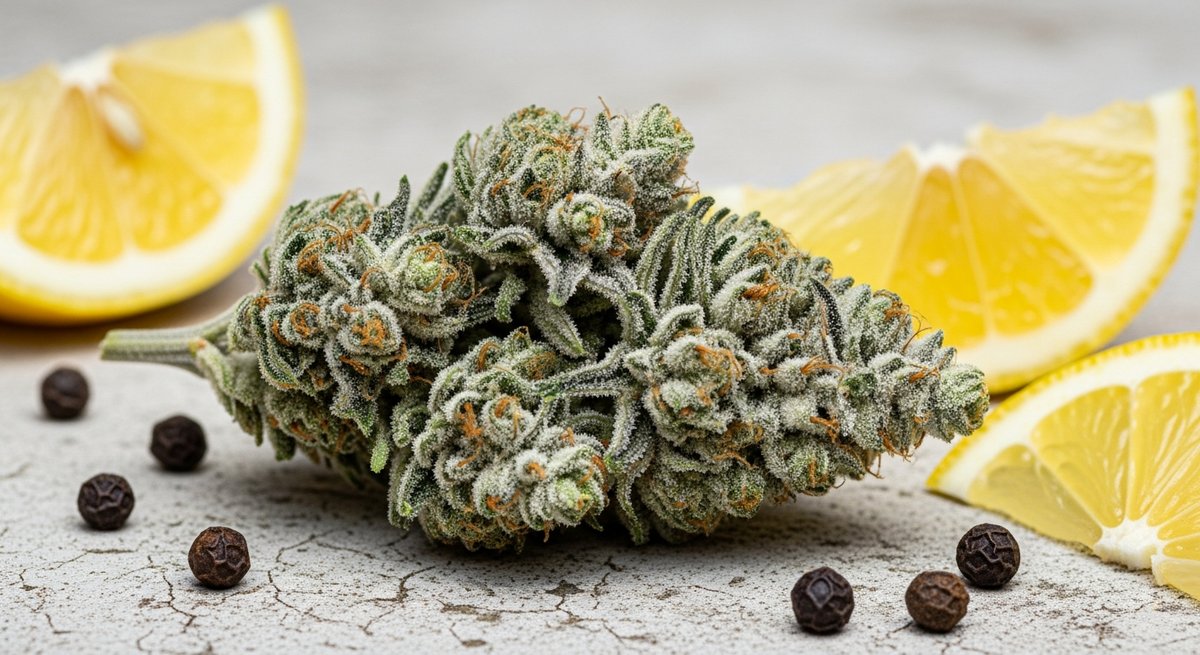 Ghost OG strain vs Fire OG strain — Which Is Right for You? 4 Macro shot of a frosty Ghost OG cannabis bud on stone surface with lemon and peppercorn terpene accents
