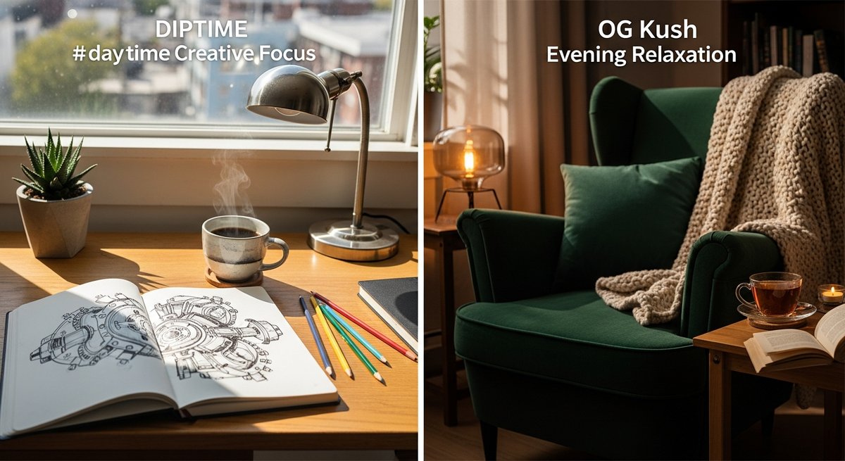 Ghost Train Haze strain vs OG Kush strain — Which Is Right for You? 54 Split scene comparing bright daytime creative workspace for Ghost Train Haze with warm evening lounge setting for OG Kush