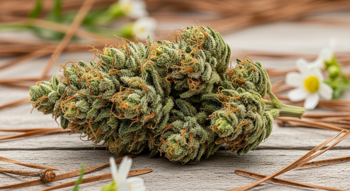 Ghost Train Haze strain vs OG Kush strain — Which Is Right for You? 52 Ghost Train Haze cannabis bud on weathered wood with pine needles and wildflowers evoking its fresh floral terpene profile