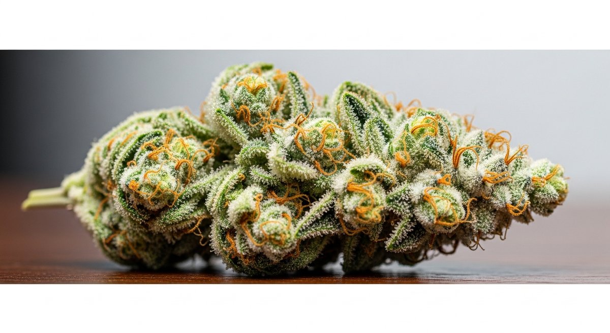 Ghost Train Haze strain vs Trainwreck strain — Which Is Right for You? 4 Macro close-up of a Ghost Train Haze cannabis bud showing dense trichome coverage and orange pistils