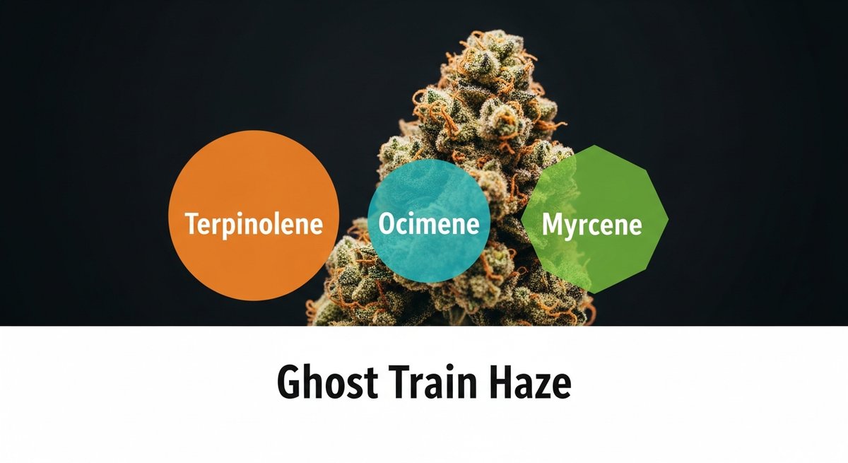 Ghost Train Haze Strain 2 Terpene profile graphic for Ghost Train Haze showing Terpinolene in orange, Ocimene in teal, and Myrcene in green