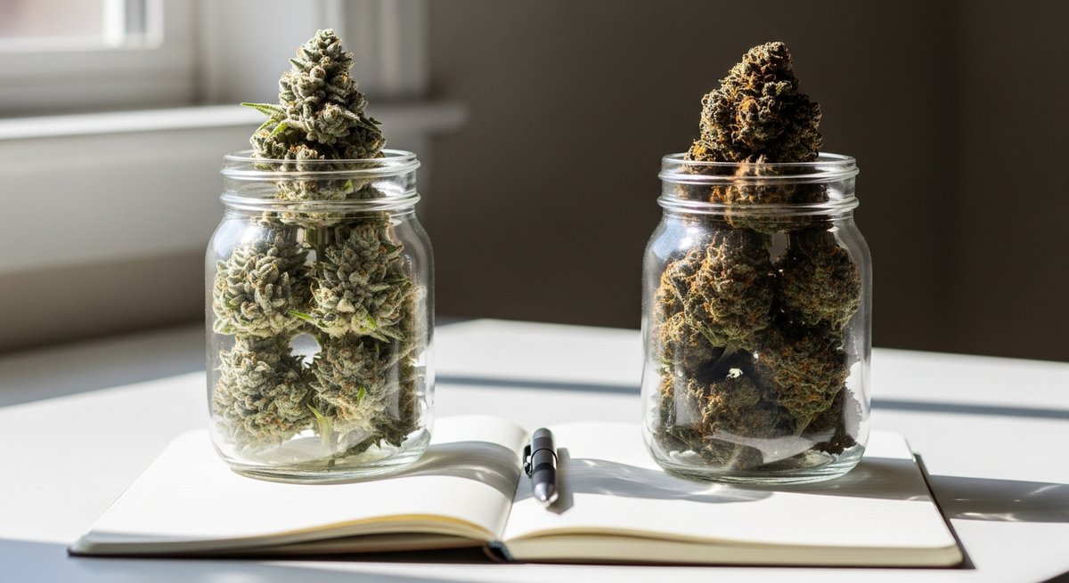 Ghost Train Haze strain vs Trainwreck strain — Which Is Right for You? 6 Two jars of contrasting cannabis buds beside an open notebook illustrating effects comparison between strains