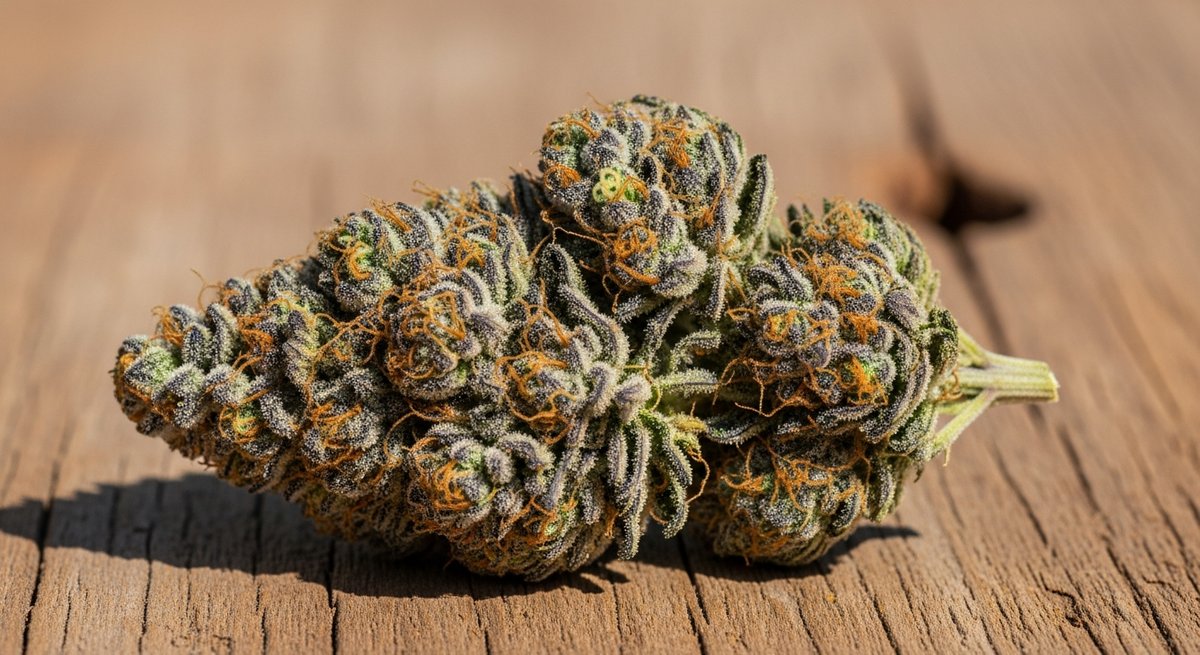 Girl Scout Cookies strain vs Gelato strain — Which Is Right for You? 4 Close-up of a dense Girl Scout Cookies cannabis bud with purple and green hues and amber trichomes on rustic wood