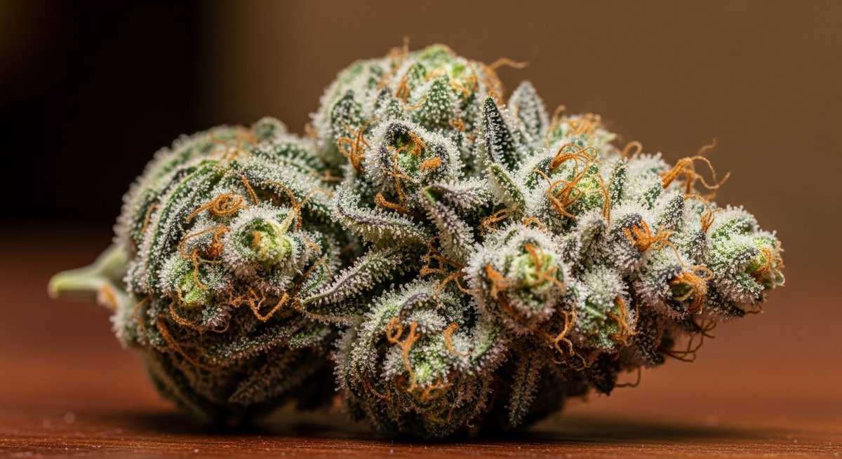 Gorilla Glue strain vs Blue Dream strain — Which Is Right for You? 4 Macro close-up of a heavily resin-coated Gorilla Glue GG4 cannabis bud with dense white trichomes